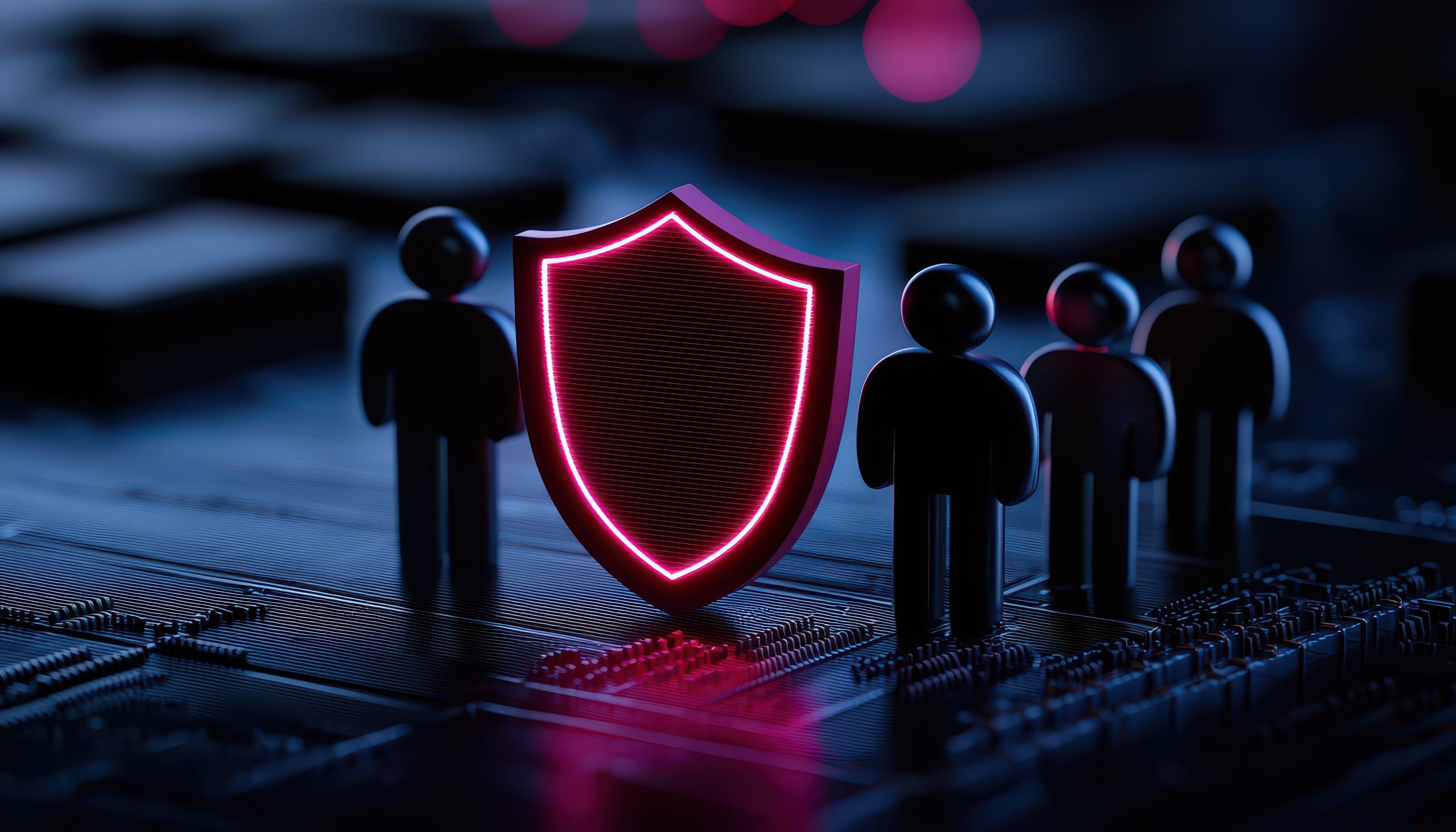 Abstract cybersecurity concept with shield protecting figures on a digital background, illustrating safety and security